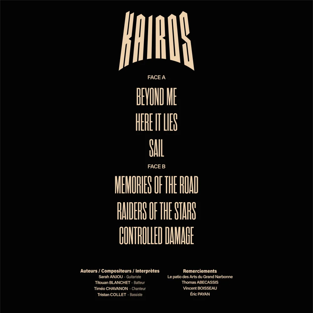 Dos de la pochette de Controlled Damage : le logo Kairos, la liste des titres face A et face B, les crédits