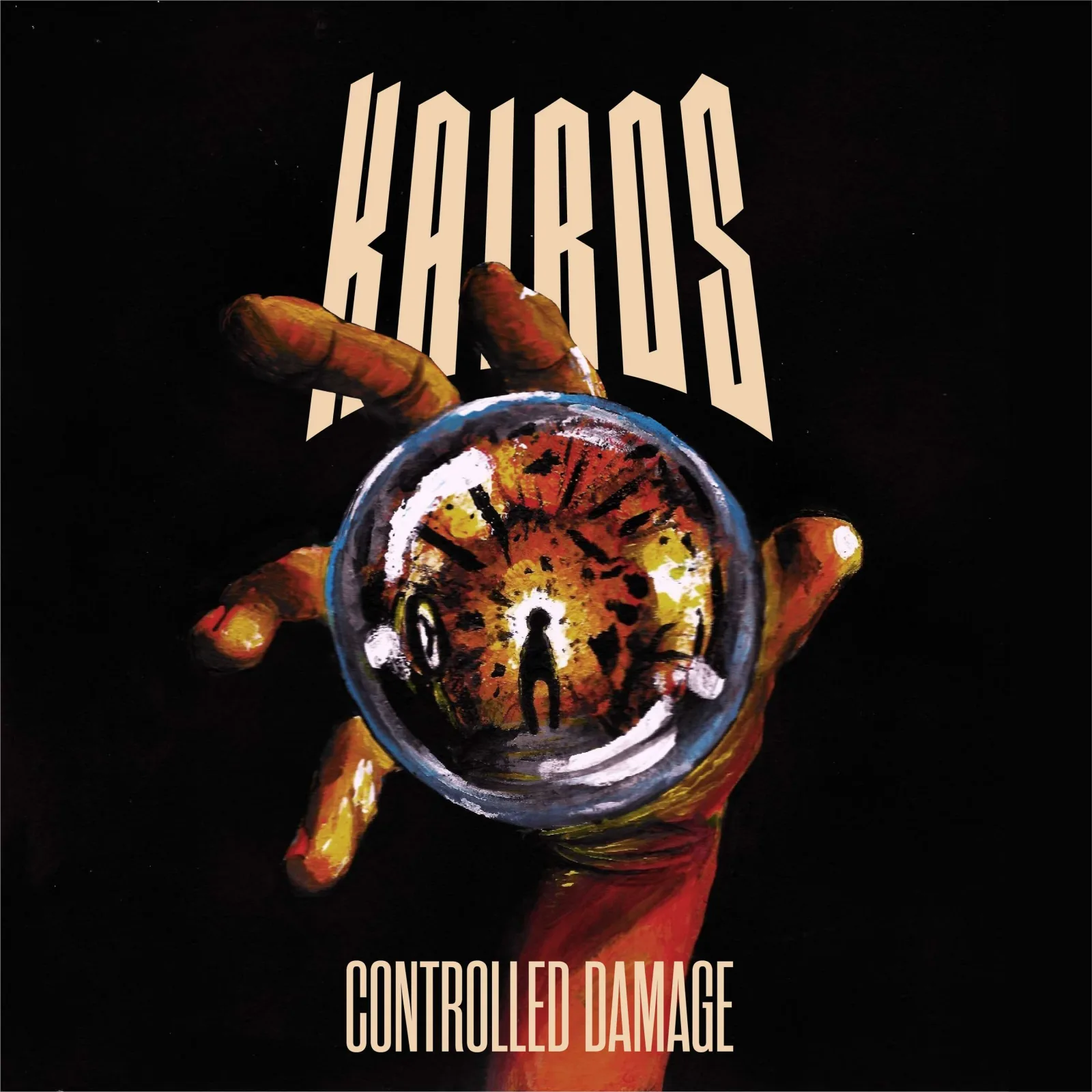 Pochette de Controlled Damage, une main tenant une sphère de verre