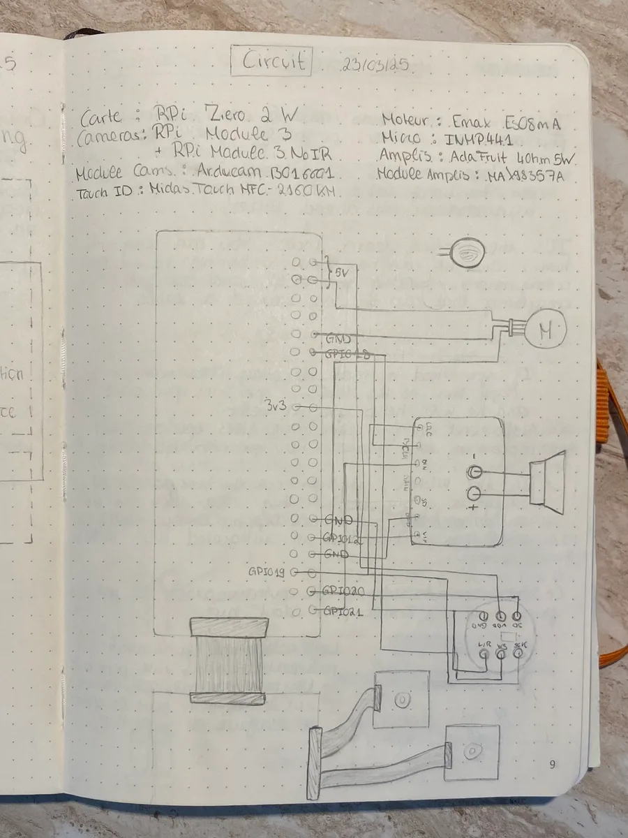 Premier schéma du circuit d’Orion, dessiné au crayon dans un carnet à points : Raspberry Pi, micro, amplificateur, haut-parleur et caméras